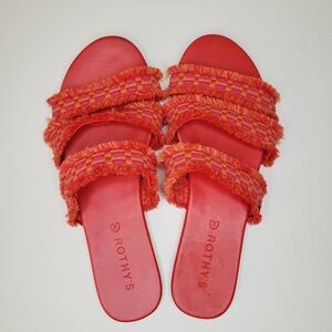 Rothy’s Triple Band Sandals 7.5 Bright Red Pink Fringe Slide Boho Beach Resort